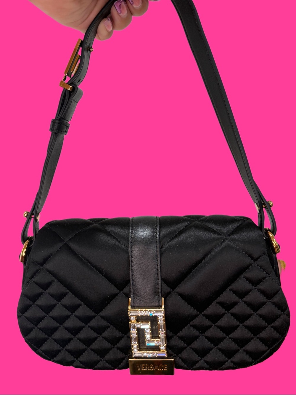 Versace Black Quilted Shoulder Bag with Jeweled Medusa Logo Clasp